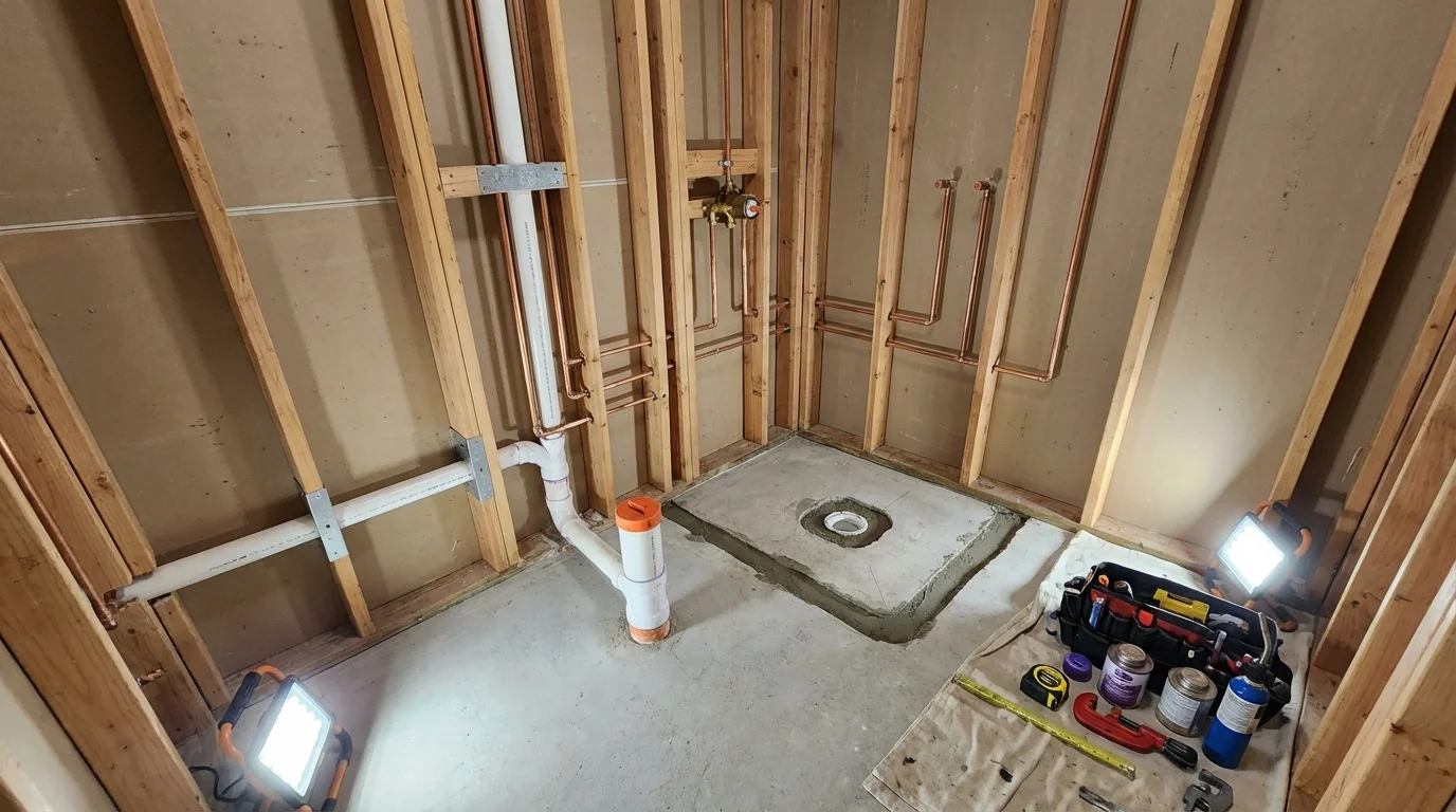 Bathroom rough-in plumbing during remodel by Johns Plumbing LLC in Waterloo