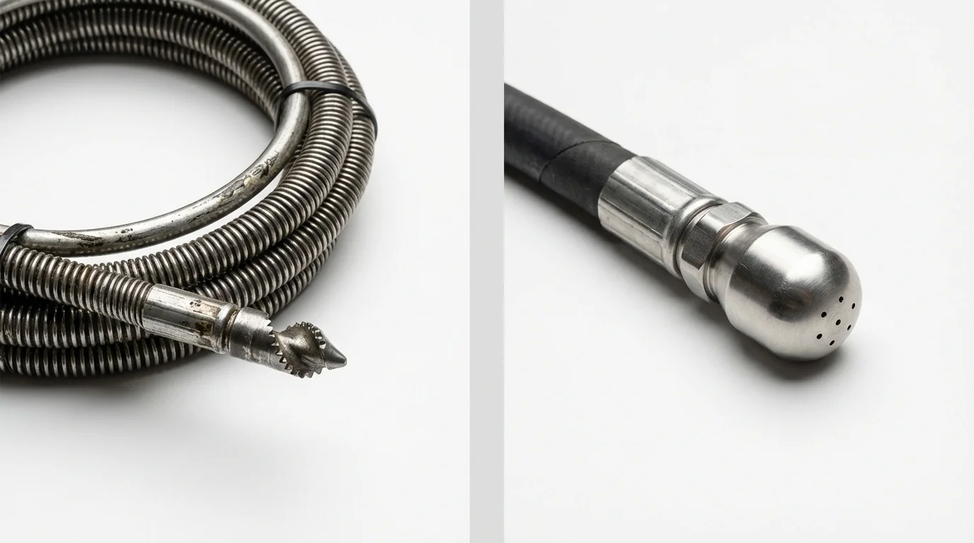 Drain snake cable and hydro jetting nozzle used for drain cleaning in Waterloo, NY