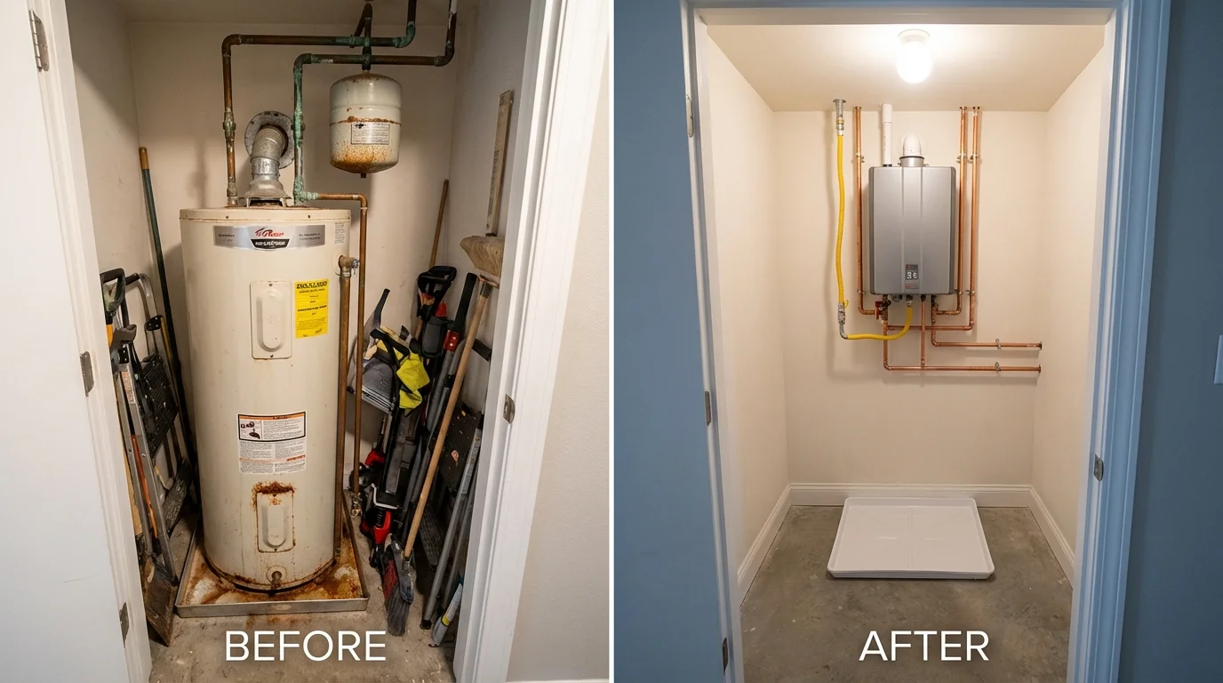 Tank water heater versus wall-mounted tankless unit comparison for Waterloo, NY homeowners