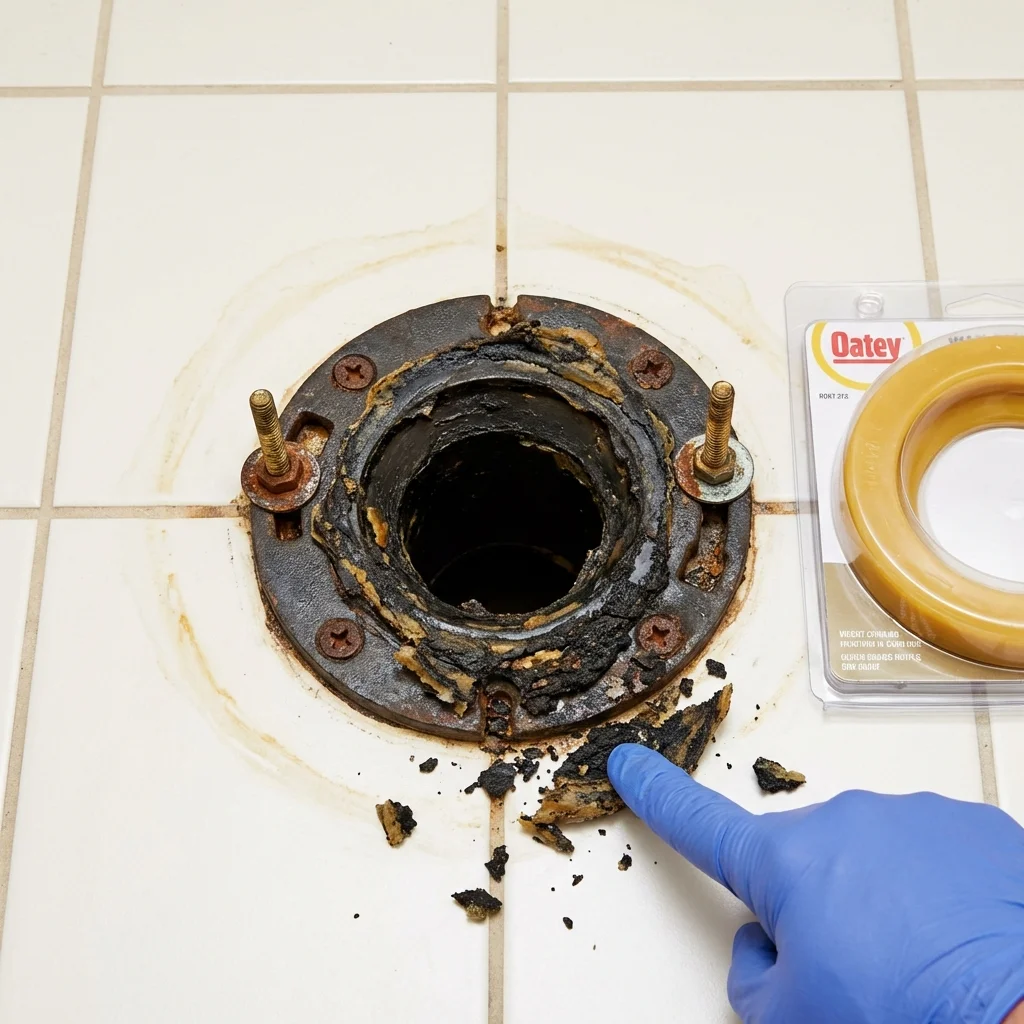 Failed wax ring showing water seepage at the base of a toilet in a Waterloo, NY home